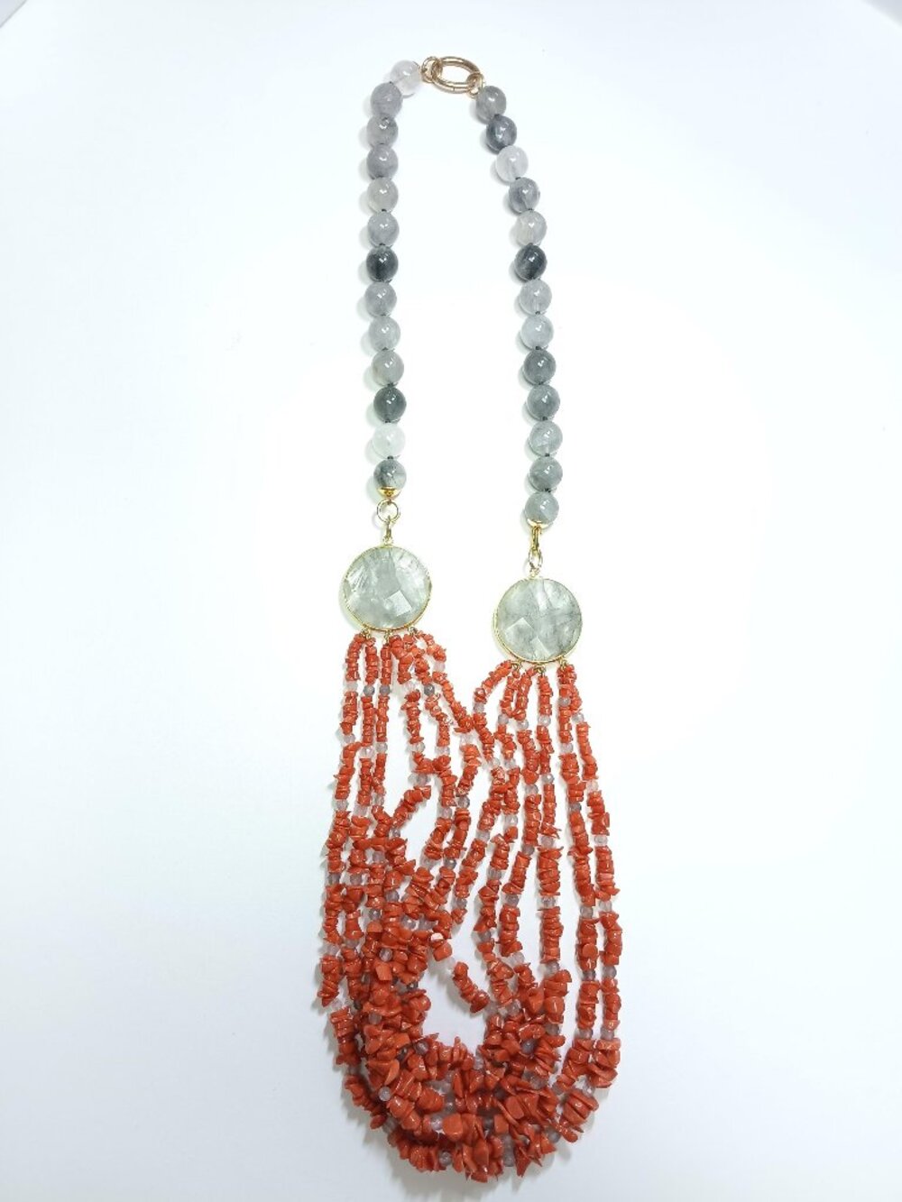 Beautiful Multi-Strand Red Coral and Gray Quartz Beaded Necklace